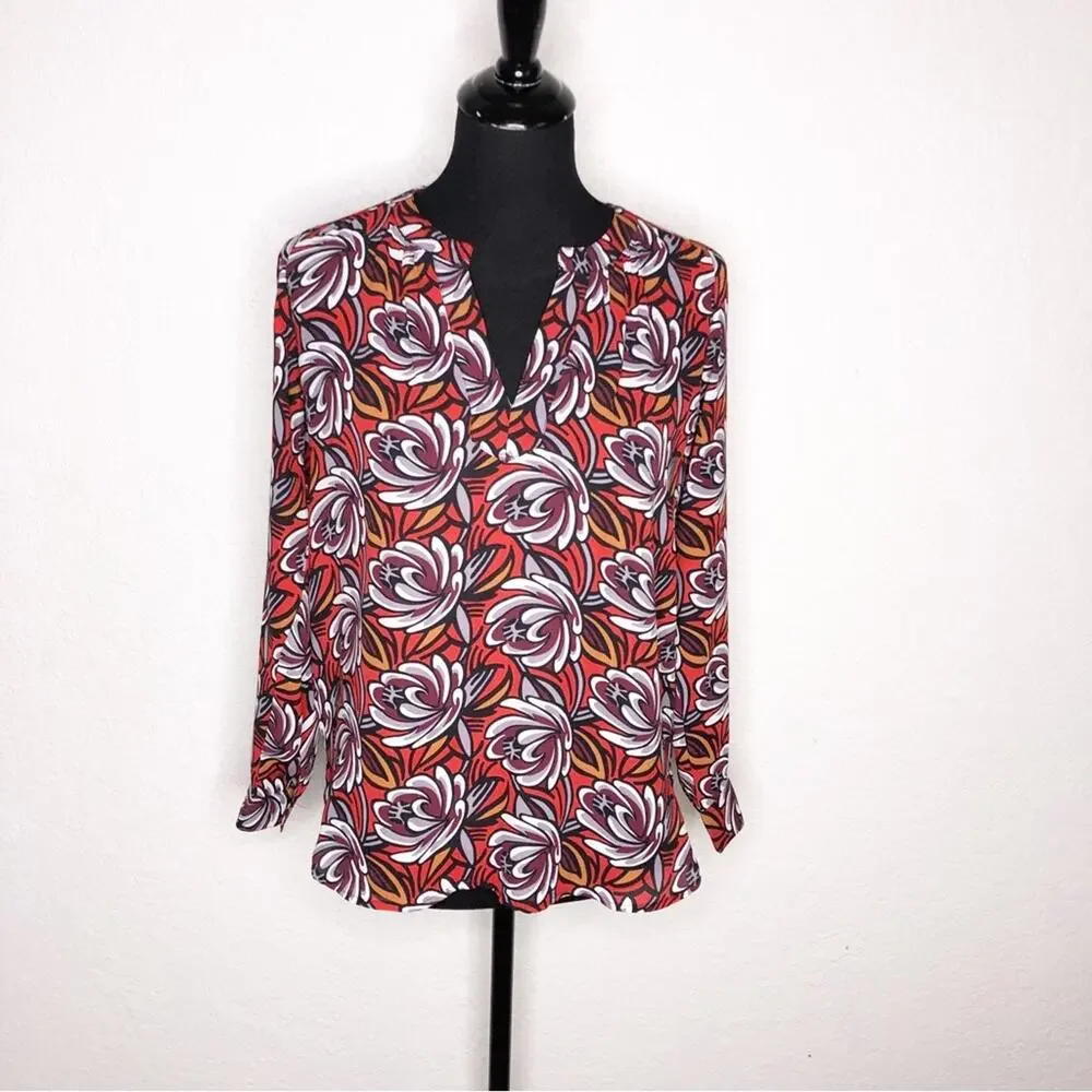 LOFT orange maroon white floral long sleeve top size Extra Small Petite XSP